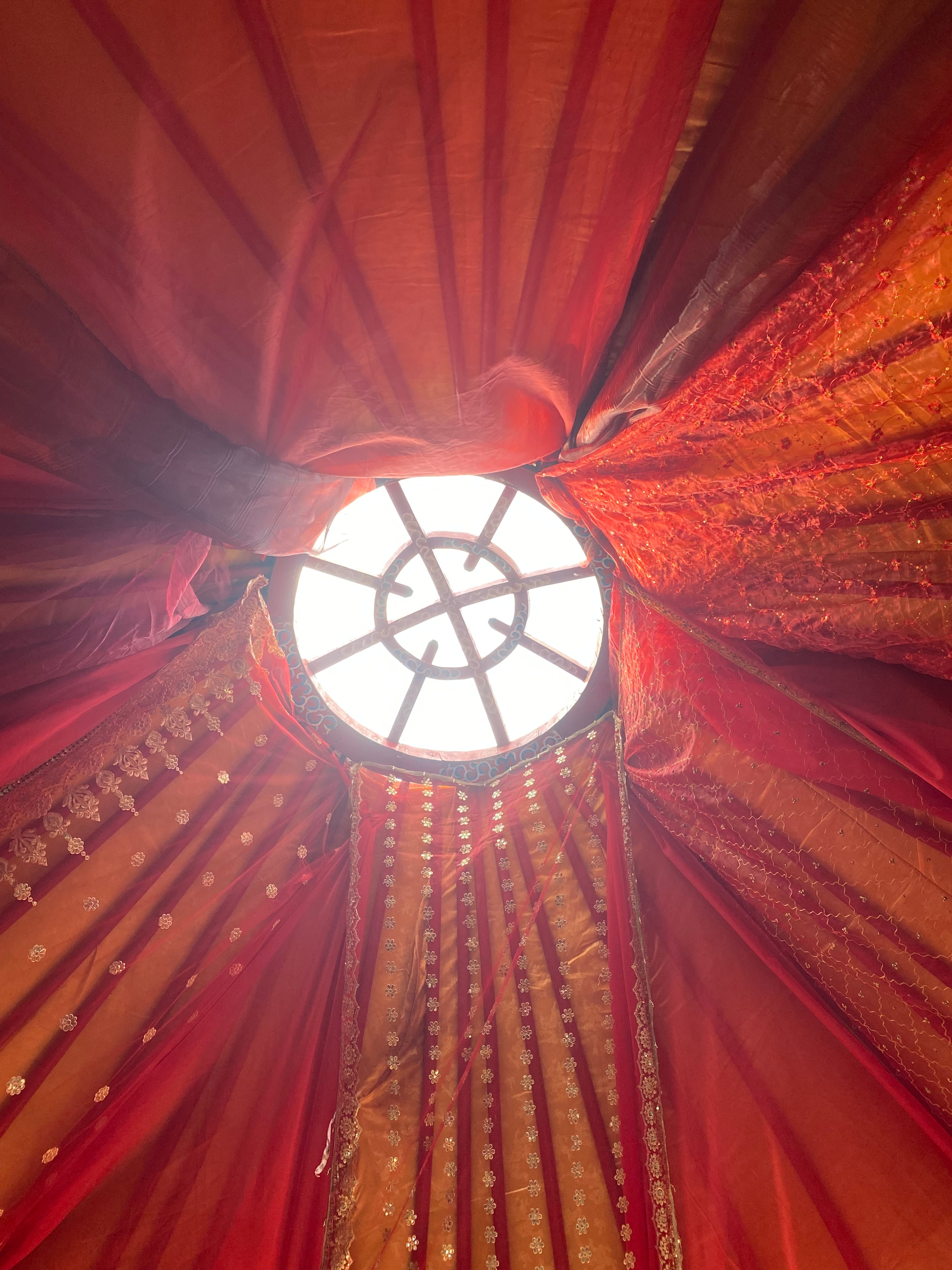 Looking up through the yurt crown skylight