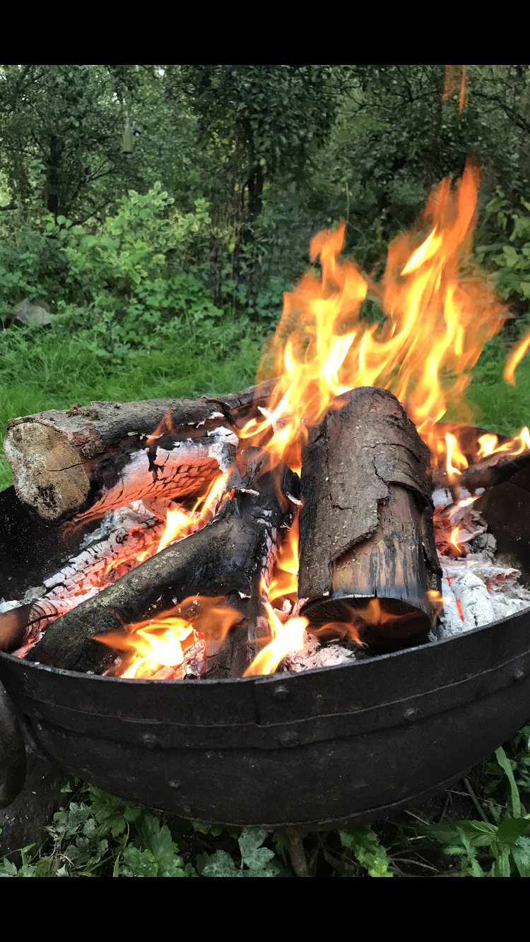 Family gathered around a fire pit at Knotted Roots Wild Camp